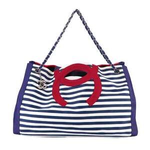 Chanel Cruise Line Chain Tote Handbag, Canvas, Navy, Red, White, A47944, Bord...